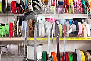 Colorful ribbons on counter in store