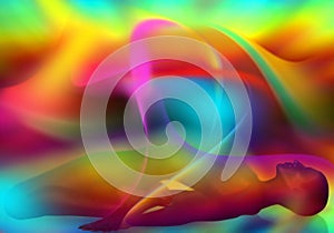 Colorful ribbons create an abstract background for this modern digital art scene of a spiritual woman lying down.
