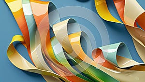 Colorful ribbons flowing and creating abstract shapes on blue background