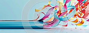 Colorful ribbons flowing dynamically from a metallic cylinder on a light blue background