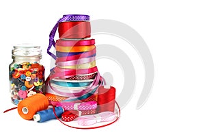 Colorful ribbons, sewing, craft and haberdashery items