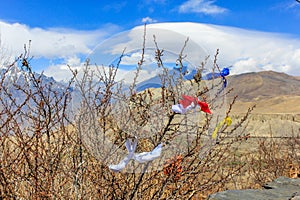 Colorful ribbons for wishing on tree branches at mountains background