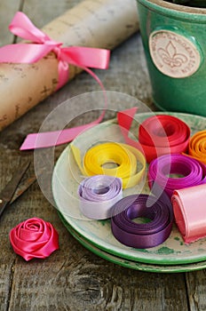 Colorful ribbons and wrapping paper for floristics and decor