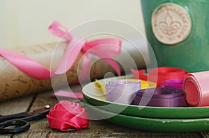 Colorful ribbons and wrapping paper for floristics and decor