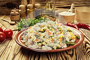 Colorful rice and vegetable salad,Bowl of pasta orzo or rice w