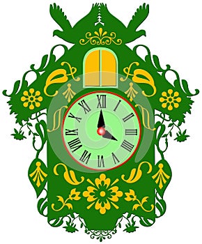 Colorful rich decorated green cuckoo clock