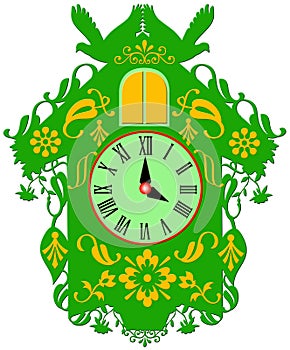 Colorful rich decorated green cuckoo clock