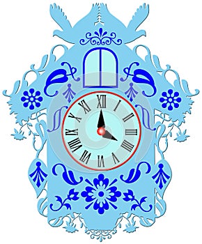 Colorful rich decorated lightblue cuckoo clock