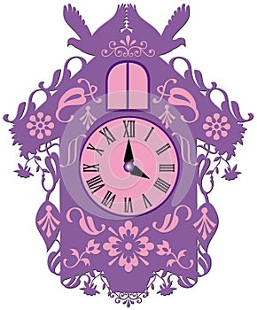 Colorful rich decorated pink cuckoo clock