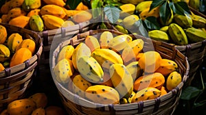 Colorful and ripe pawpaws presented in appealing and abundant baskets