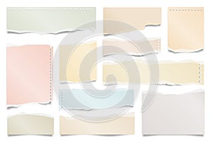 Colorful ripped paper strips isolated on white background. Realistic paper scraps with torn edges. Sticky notes, shreds