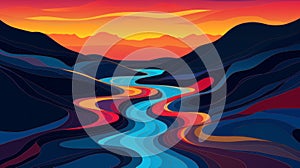 Colorful River Flowing Through Mountains - Intense Color Fields Illustration