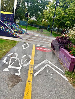 Colorful road signs Cycle Path on the street, Stop sign urban park, Outdoor, vehicle, security, responsability, hobbies