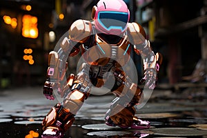 colorful robot dancing in the street, lights in the background, disco for children. Generated AI