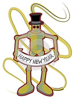 Colorful Robot holding Happy New Year sign