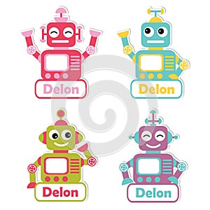 Colorful robot toys suitable for kid name tag set design