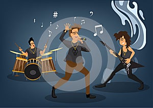 Colorful Rock Musicians: Guitarists, drummers, singers, characters happily perform their music in rock music. Flat style cartoon