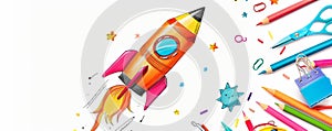 Colorful rocket illustration crafted from crayons, pencils, and scissors on a bright background