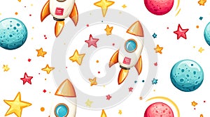 Colorful rockets and planets create fun space themed seamless pattern