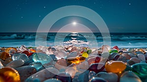 Colorful rocks on beach under full moon, surrounded by water and sky