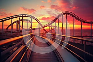 Colorful Roller coaster sunset. Generate Ai