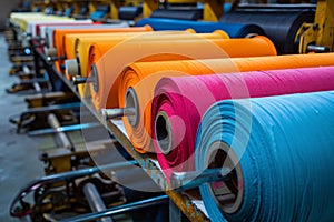 Colorful rolls of fabric in textile factory