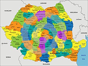 Colorful Romania political map with clearly labeled, separated layers.