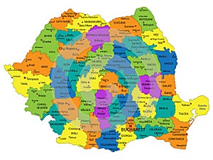Colorful Romania political map with clearly labeled, separated layers.
