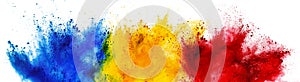 Colorful romanian flag black blue yello red color holi paint powder explosion isolated white background. Romania europe