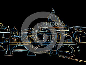 Colorful Rome Skyline Drawing on black
