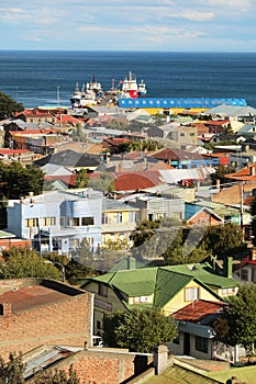Colorful roof tops and ships in Punta Arenas, Patagonia, Chile