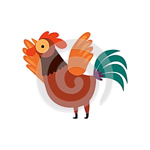 Colorful Rooster Crowing and Waving its Wings, Farm Cock, Poultry Farming Vector Illustration