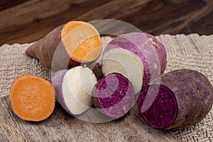 Colorful root vegetables pink, purple and orange organic sweet potatos