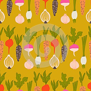 Colorful root vegetables in a seamless pattern design