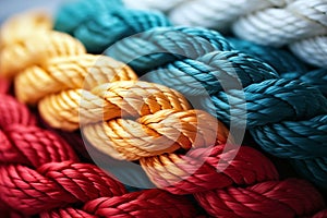 Colorful ropes of different colors. Close up. Selective focus