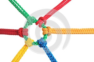 Colorful ropes tied together isolated. Unity concept