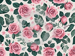Colorful Rose Flowers and Branches Illustration. Seamless Pattern Background. photo