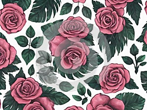 Colorful Rose Flowers and Branches Illustration. Seamless Pattern Background. photo