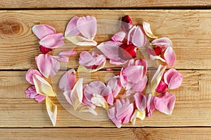 Colorful rose petals on a wooden background. Top view. Flat lay