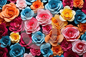 Colorful roses background. Top view. Flat lay. Close up, Create a backdrop of colorful paper roses, AI Generated