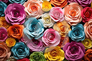 Colorful roses background. Top view. Flat lay. Close up, Create a backdrop of colorful paper roses, AI Generated