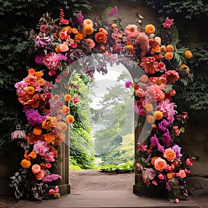 Colorful roses decorating the gate to the garden. Flowering flowers, a symbol of spring, new life