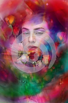 Colorful Roses Fantasy Portrait in Enchanted Light