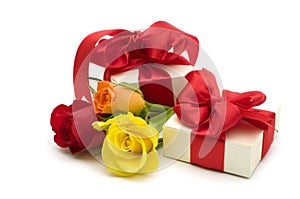 Colorful roses and gift box