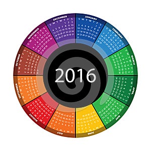 Colorful round calendar for 2016 year.