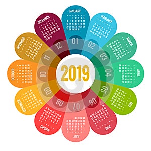 Colorful round calendar 2019 design, Print Template, Your Logo and Text. Week Starts Sunday. Portrait Orientation. 2019