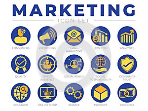Colorful Round Marketing Icon Set. Consumers, Promotion, Email Marketing, Low Cost, Analytics, Quality, Target Audience, Social,