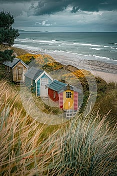 A colorful row of beach huts nestled on a grassy shore, offering vintage camping vibes and a picturesque seaside escape