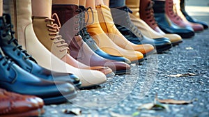A colorful row of different sized and styled womens boots, showcasing a spectrum of hues from soft pastels to bold neons