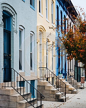 Colorful row houses on 26th Street in Charles Village, Baltimore, Maryland